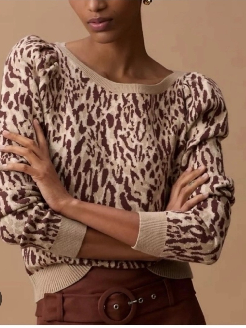 Maeve Leopard-Print Puff-Sleeve Sweater Size Medium